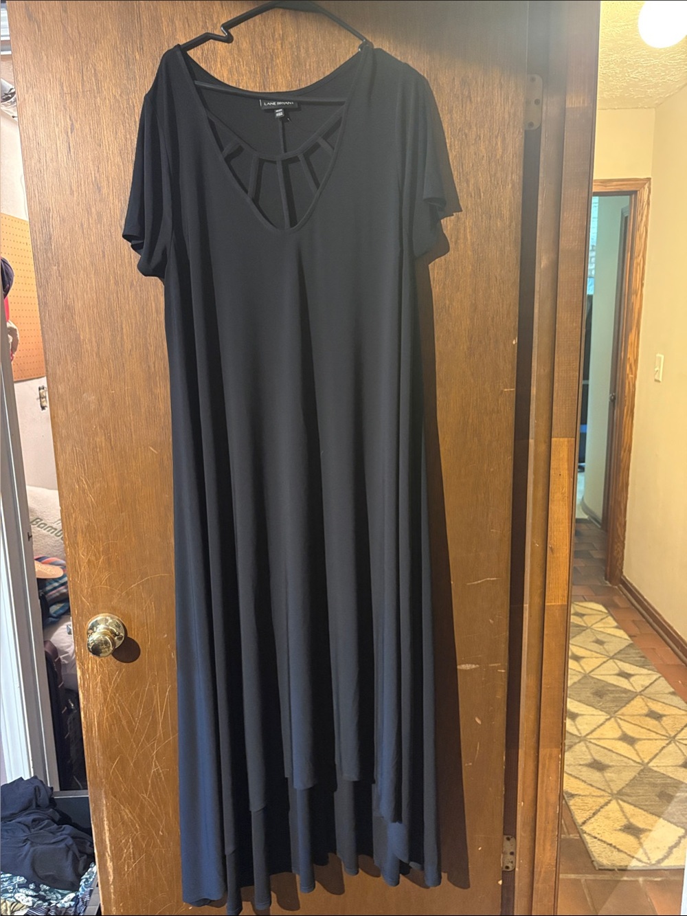 Lane Bryant Black Short-Sleeve Maxi Dress with Strappy V-Neck Detail